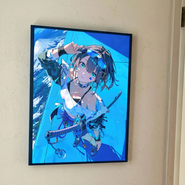 Blue Neon Prodigy - Japanese Cyberpunk AnimeImpact Poster (This image shows the product with a frame attached; the frame is not included.)