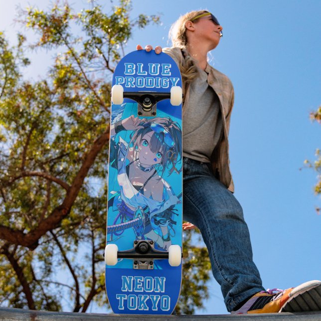 Blue Neon Prodigy Tokyo Cyberpunk Anime Impact Mini Skateboard Bräda 18,5 Cm (Trucks and wheels are customization options and are not included in the price.)