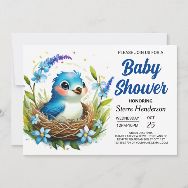 Blue Nest Elegant Bird Boy Shower Inbjudningar (Framsida)