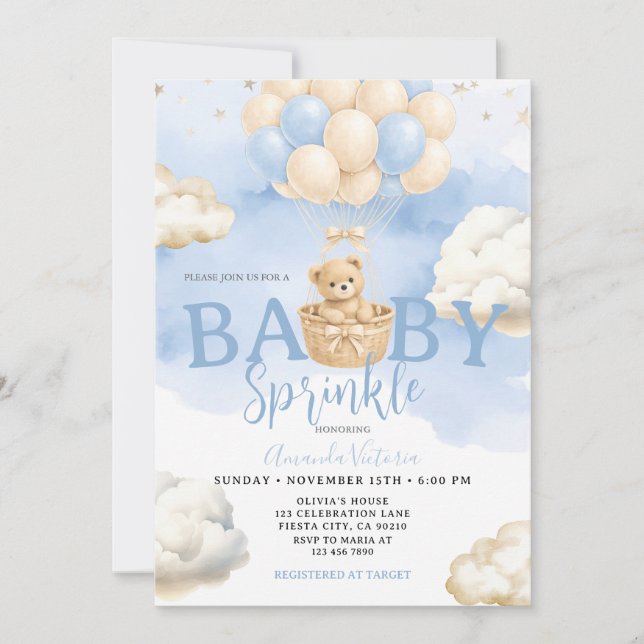 Blue Neutral Bear Cloud Balloon Baby Shower Inbjudningar (Framsida)
