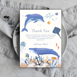Blue Neutralt Ocean Dolphin Whale Boy Shower Tack Kort