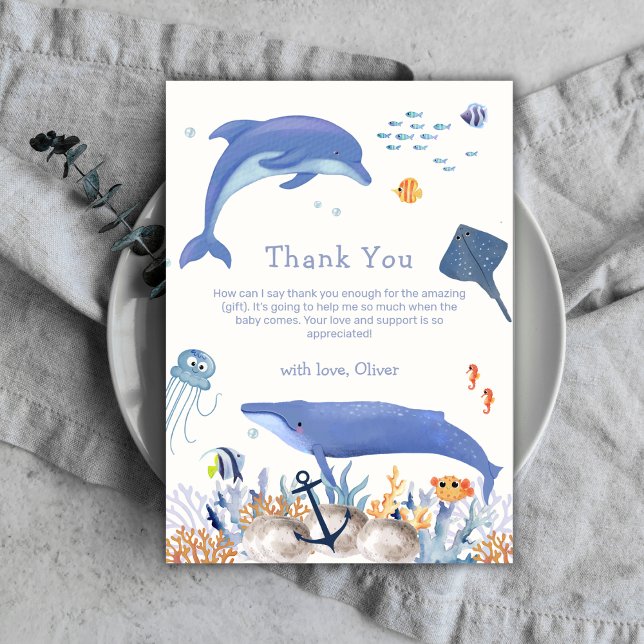 Blue Neutralt Ocean Dolphin Whale Boy Shower Tack Kort (Blue Neutral Ocean Dolphin Whale Boy Baby Shower Thank You Card)