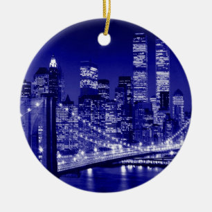 Blue New York City Night Julgransprydnad Keramik