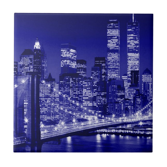 Blue New York City Night Kakelplatta (Framsidan)
