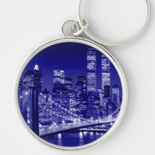 Blue New York City Night Rund Silverfärgad Nyckelring