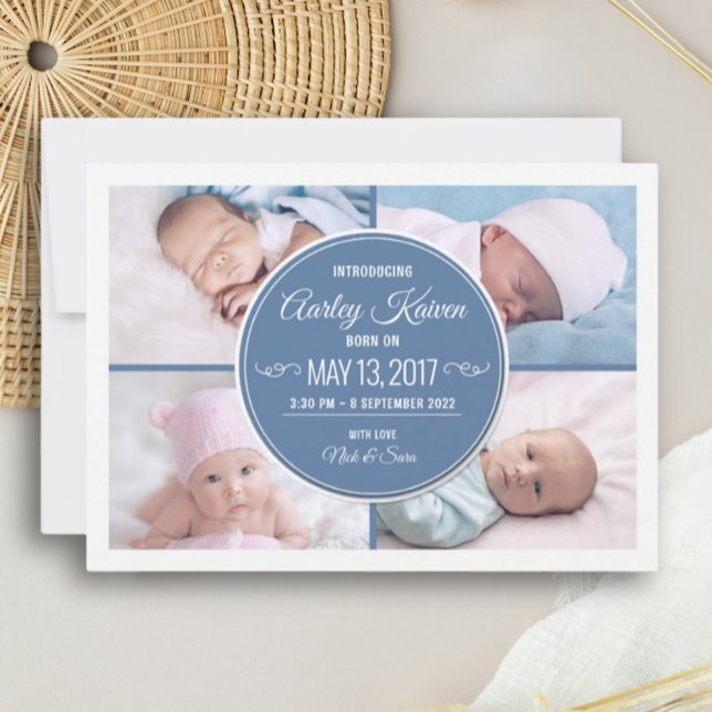 Blue Newborn Boy Photo Collage Birth Announcement (Skapare uppladdad)