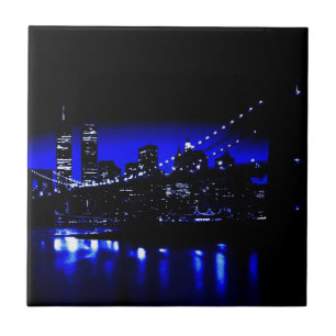 Blue Night New York City Brooklyn Bridge, River Kakelplatta