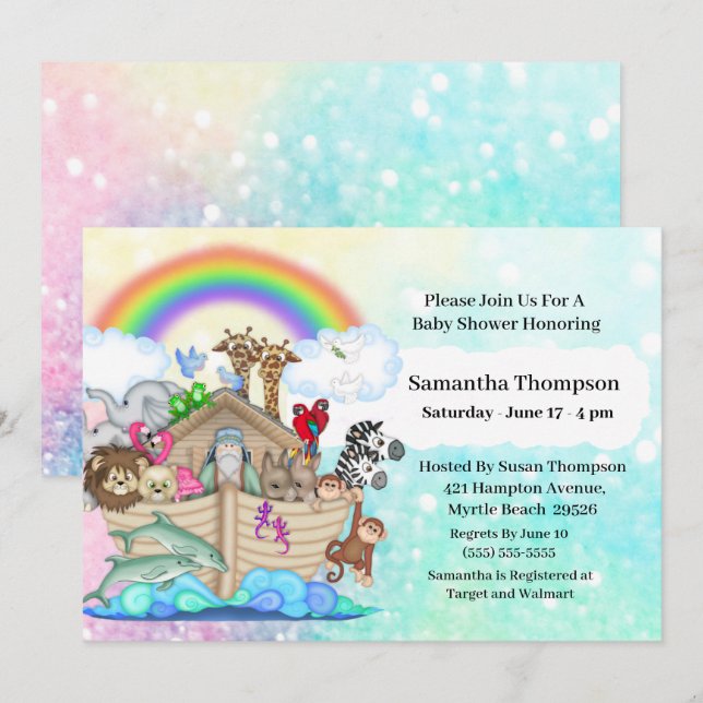 Blue Noahs inbjudan till Ark Baby Shower (Fram/baksida)