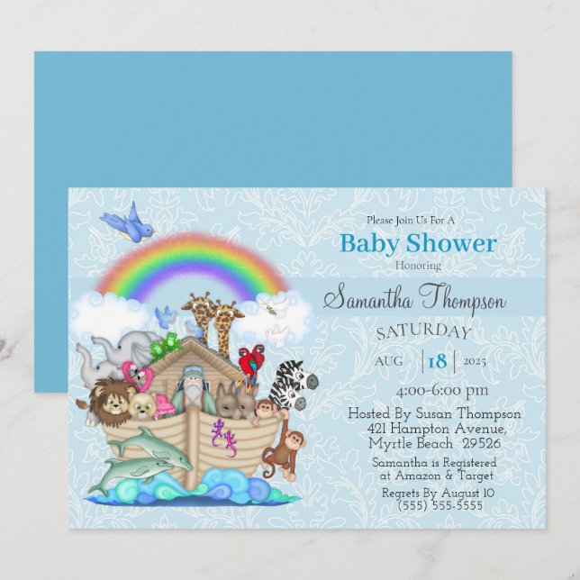 Blue Noahs inbjudan till Ark Baby Shower (Fram/baksida)