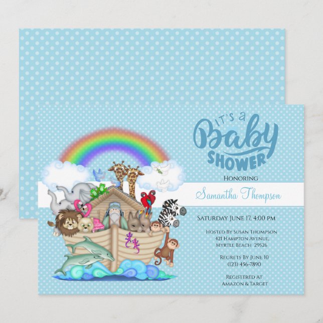 Blue Noahs inbjudan till Ark Baby Shower (Fram/baksida)