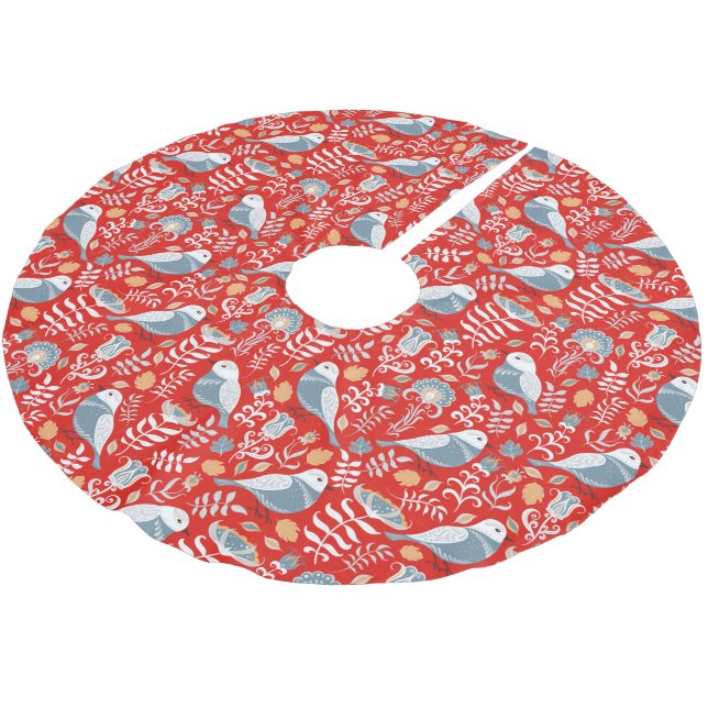 Blue Nordic Bird on Red Julgransmatta Borstad Polyester (Vinklad)