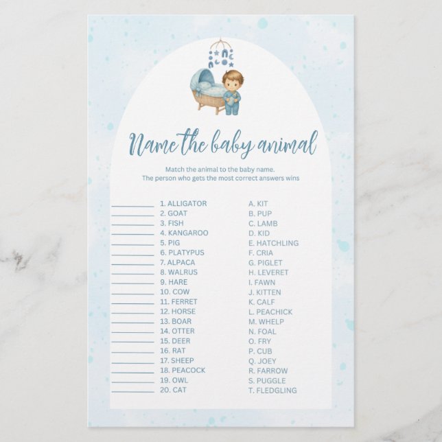 Blue Nursery Namn, babyduschspelet baby djur (Framsida)
