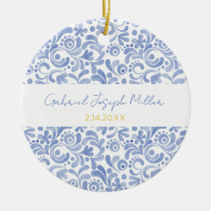 Blue Nyfödd bebis Boy NAMN BIRTH DATE Art Keepsaké Julgransprydnad Keramik