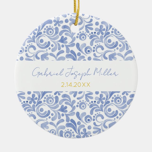 Blue Nyfödd bebis Boy NAMN BIRTH DATE Art Keepsaké Julgransprydnad Keramik (Framsidan)