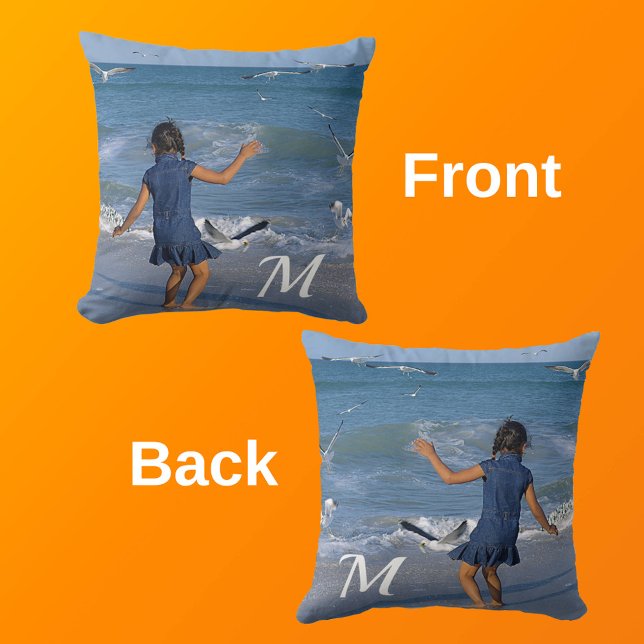 Blue Ocean Beach Girl Photo White Initial Kudde (Front & Back with Background)