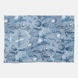 Blue Ocean Sea Life Monogram Kitchen Towel Kökshandduk