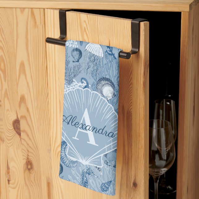 Blue Ocean Sea Life Monogram Kitchen Towel Kökshandduk (Thirds Fold)