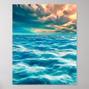 Blue Ocean Sjölandskap Cloudy Himlar Digital Paint Poster
