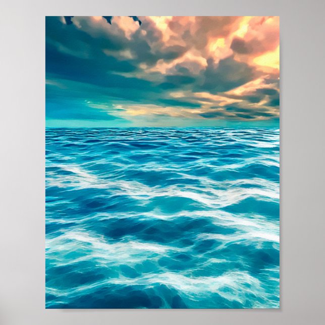 Blue Ocean Sjölandskap Cloudy Himlar Digital Paint Poster (Framsidan)