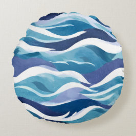 Blue Ocean Waves | Modern Simplistic Watercolor Rund Kudde