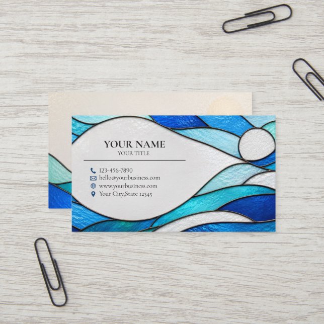 Blue Ocean Waves Stained Glass Business Card Visitkort (Fram/Back In Situ)