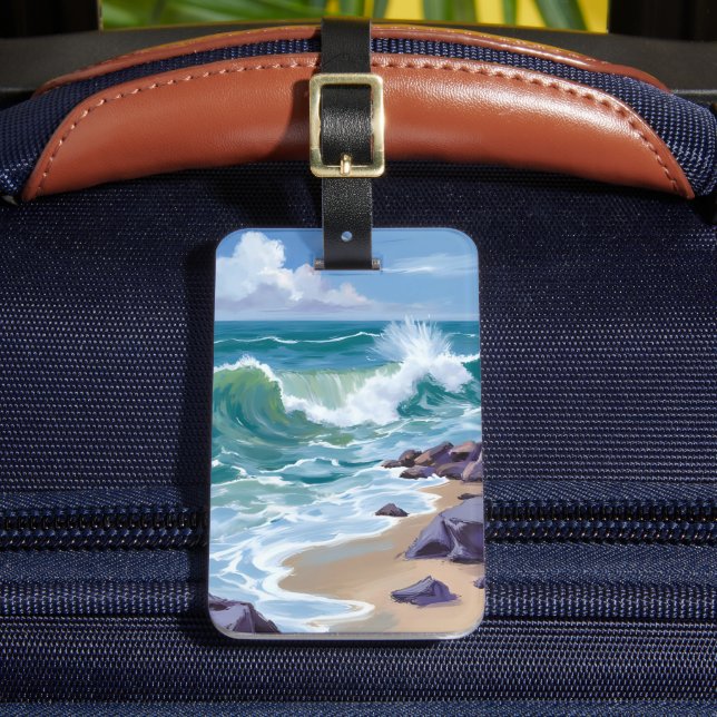 Blue Ocean Waves Watercolor Painting Bagagebricka (Framsida Insitu 2)
