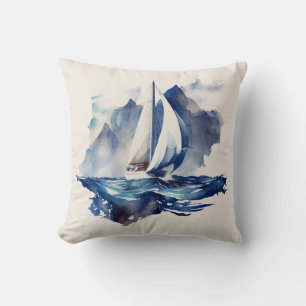 Blue och Beige Sailboat Dekorativ kudde