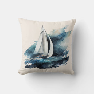 Blue och Beige Sailboat Dekorativ kudde