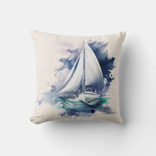Blue och Beige Sailboat Dekorativ kudde (Framsida)