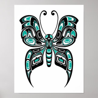 Blue och Black Haida Spirit Butterfly på White Poster