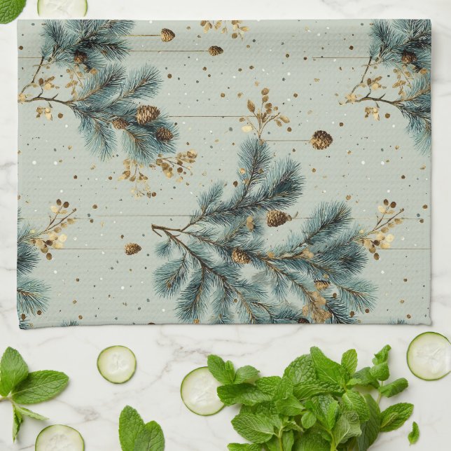Blue och Brown Pinecone Winter Mönster Kökshandduk (Vikta)