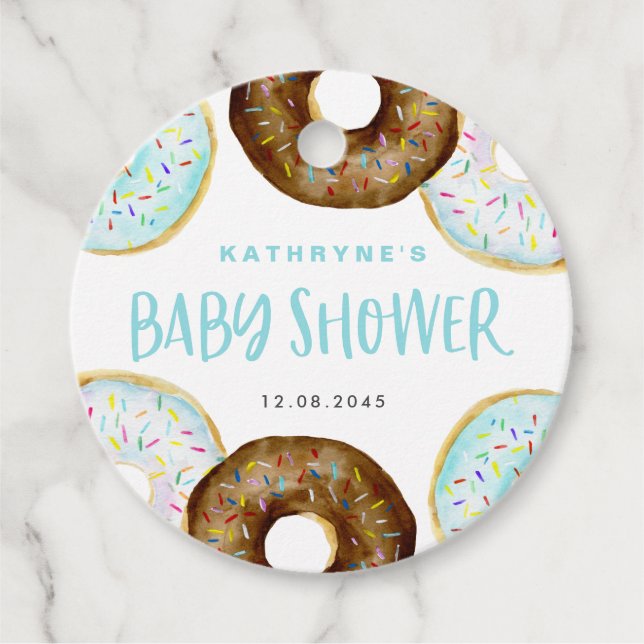 Blue- och Chocolate Sprinkle Donuts Baby Shower Gåvor Etiketter (Framsida)