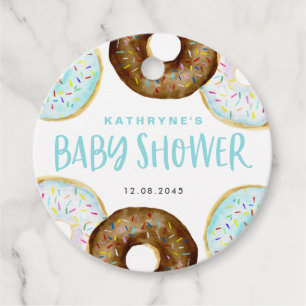Blue- och Chocolate Sprinkle Donuts Baby Shower Gåvor Etiketter