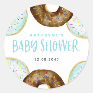 Blue- och Chocolate Sprinkle Donuts Baby Shower Runt Klistermärke