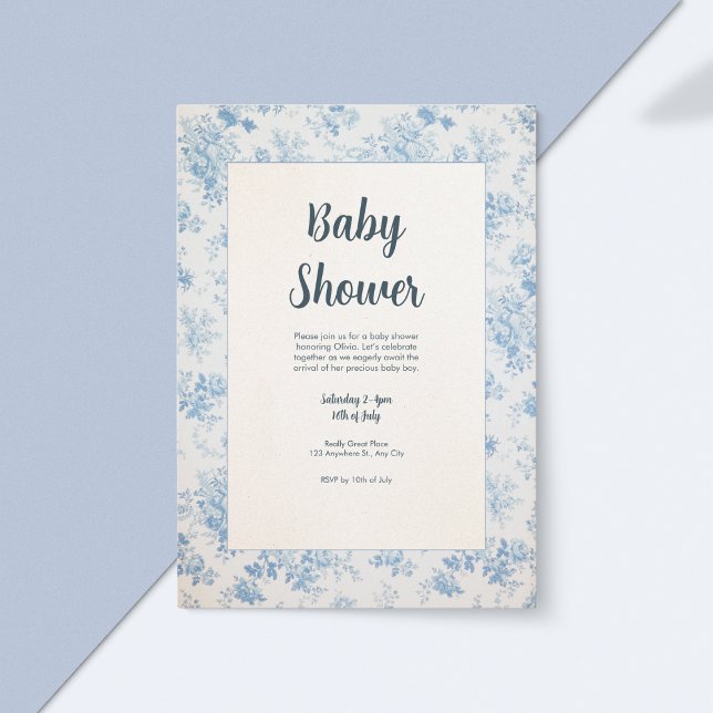 Blue- och Cream Classic Toile Baby Shower Inbjudningar (Skapare uppladdad)