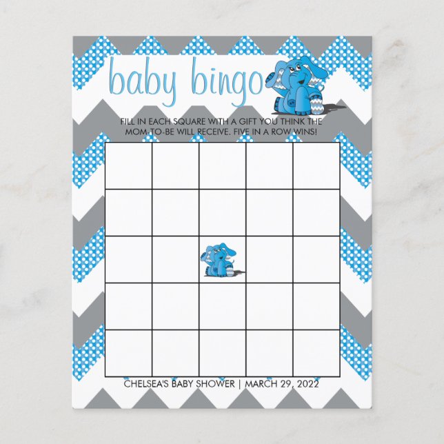 Blue och Grått Chevron Elephant Baby Shower Bingo Flygblad (Framsidan)