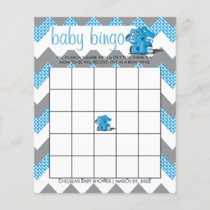 Blue och Grått Chevron Elephant Baby Shower Bingo Flygblad