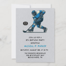 Blue- och Grått Hockey Player-Födelsedagsfest Inbjudningar