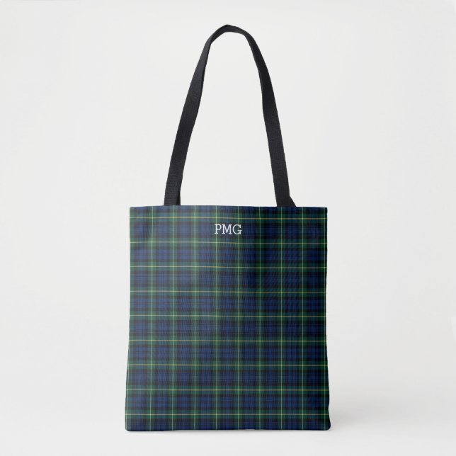 Blue och Grönt Play Gordon Tartan Monogram Tygkasse (Framsida)