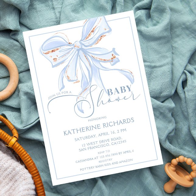 Blue och Guld Bow Romantic Chic Baby Shower Boy Inbjudningar (Skapare uppladdad)