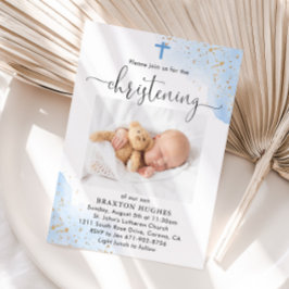 Blue och Guld Boy Christening Baptism Inbjudningar