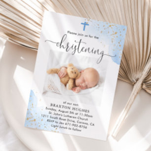 Blue och Guld Boy Christening Baptism Inbjudningar