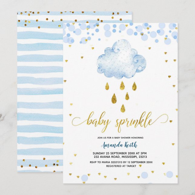 Blue och Guld Boy RainCloud Baby Sprinkle Inbjudningar (Fram/baksida)