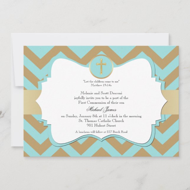 Blue och Guld Chevron Kor Boy Communion Inbjudningar (Framsida)