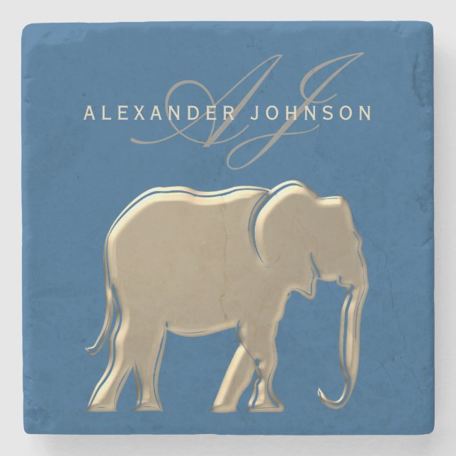 Blue och Guld Elephant Monogrammed Stenunderlägg (Framsidan)