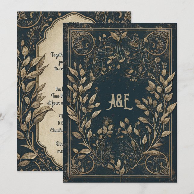 Blue och Guld Enchanted Willow Inbjudningar (Fram/baksida)