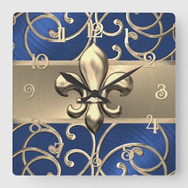 Blue och Guld Filigree Swirls Fleur de Lis Fyrkantig Klocka (Framsida)