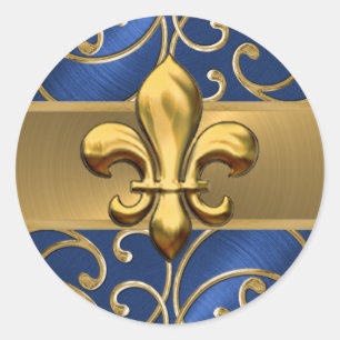 Blue och Guld Filigree Swirls Fleur de Lis Runt Klistermärke