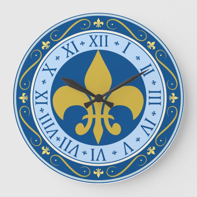 Blue och Guld Fleur-de-Lis Stor Klocka (Framsida)