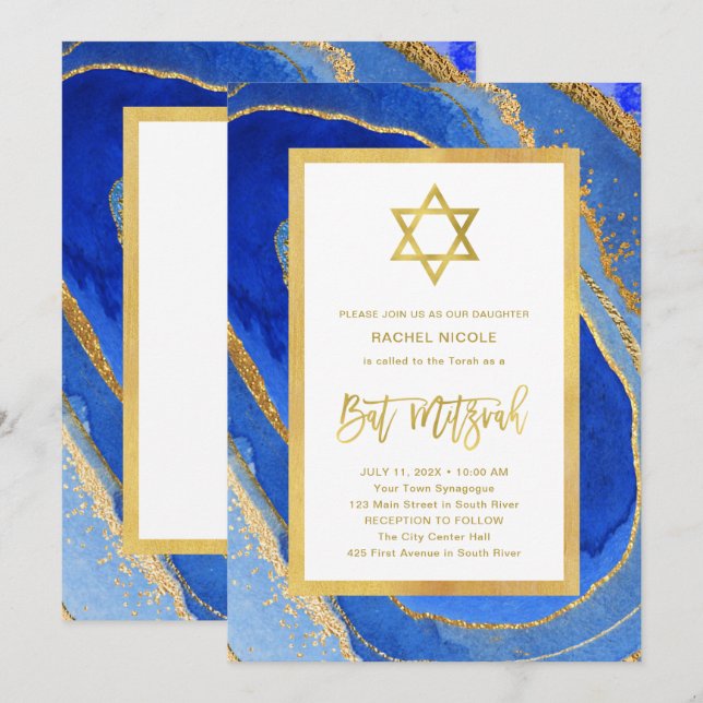 Blue och Guld Geode | David Bat mitzvah stjärna Inbjudningar (Fram/baksida)